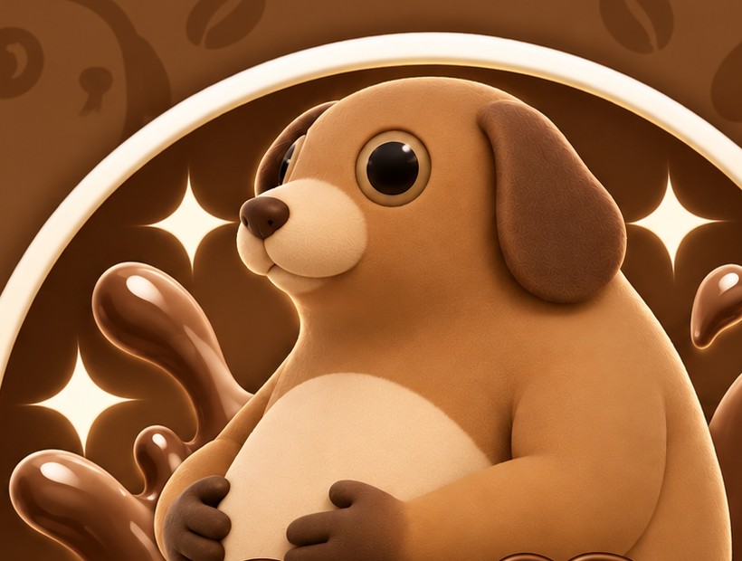 Coffee Dog mascot, a plump vinyl-toy-style dog with a layered espresso-and-milk coat